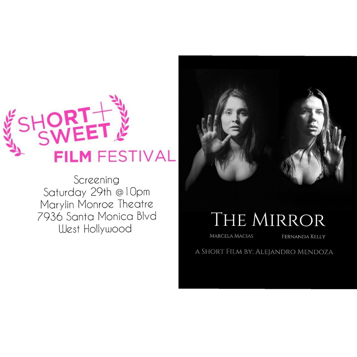 FernandaKellyyy's tweet photo. The shortest, most unqiue and impactful short film you'll ever see 🎥♀️🎬
•
Screening of The Mirror 🍿
•
Saturday September 29th 10pm
Marilyn Monroe Theatre
7936 Santa Monica Blvd
West Hollywood
•
We hope to see you there 👀
#TheMirror #BreakTheMirror #FiercelyLatina #Film https://t.co/H7SV6bdmVT