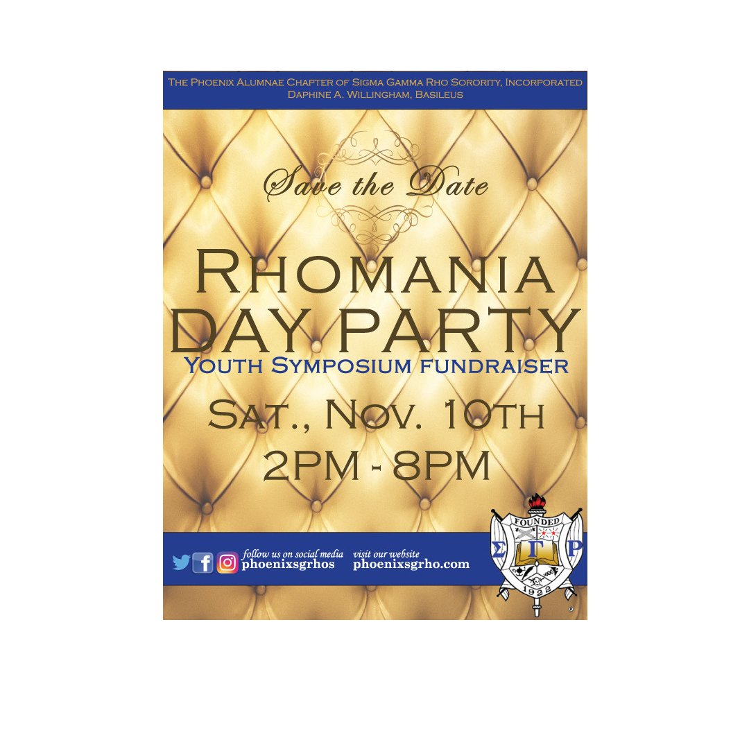 PhoenixSGRhos's tweet photo. Are there any SGRhos in Phx? Save the date and come find out.
The ladies of Beta Mu Sigma Alumnae Chapter of Sigma Gamma Rho Sorority, Inc. invite you to a party with a purpose. Proceeds from our day party go to our Youth Symposium. #PhoenixSGRhos #BetaMuSigma #SigmaGammaRho https://t.co/Lmus3h0UAw