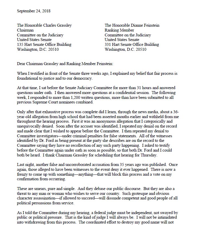 JaxAlemany's tweet photo. Kavanaugh's letter: "I have devoted my career to serving the public and the cause of justice, and particularly to promoting the equality and dignity of women. Women from every phase of my life have come forward to attest to my character." https://t.co/44ApsvHi1Z