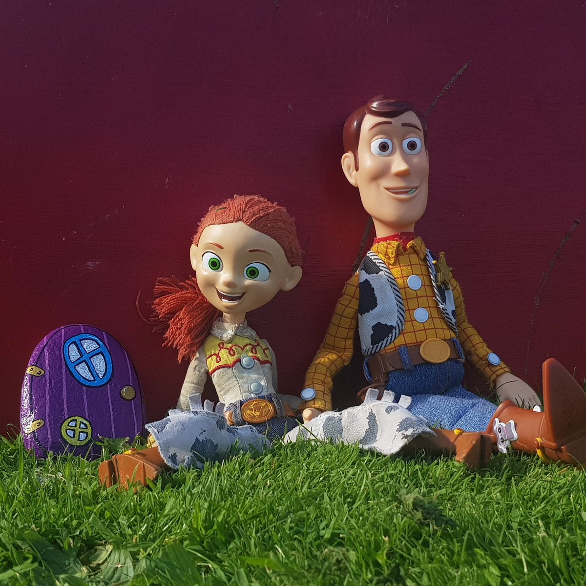 Some sneaky toys borrowed our fairy door today to play in the sunshine !! #fun #fairydoorspotting #fairydoor #toystory #Woody #irish #irishfairydoor #handmade #craft #fairyrocks #fairyrock #beachfairy #beachfairydoor