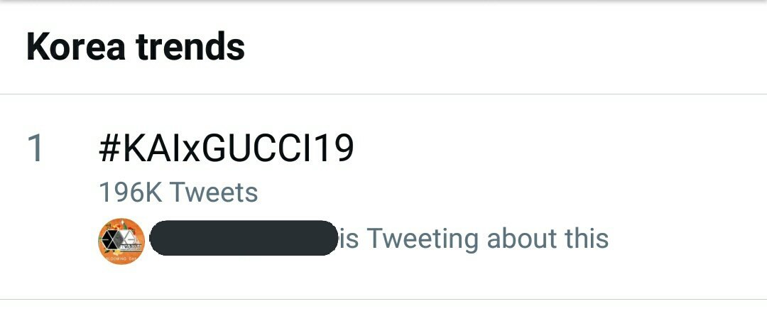 EXOGlobal's tweet photo. [!] 180925 #KAIxGUCCI19 is currently trending in Korea at No. 1~ 

EXO-Ls, let's keep tweeting our support for KAI too! 🔥

#EXO @weareoneEXO https://t.co/GwiPQ4oyH0