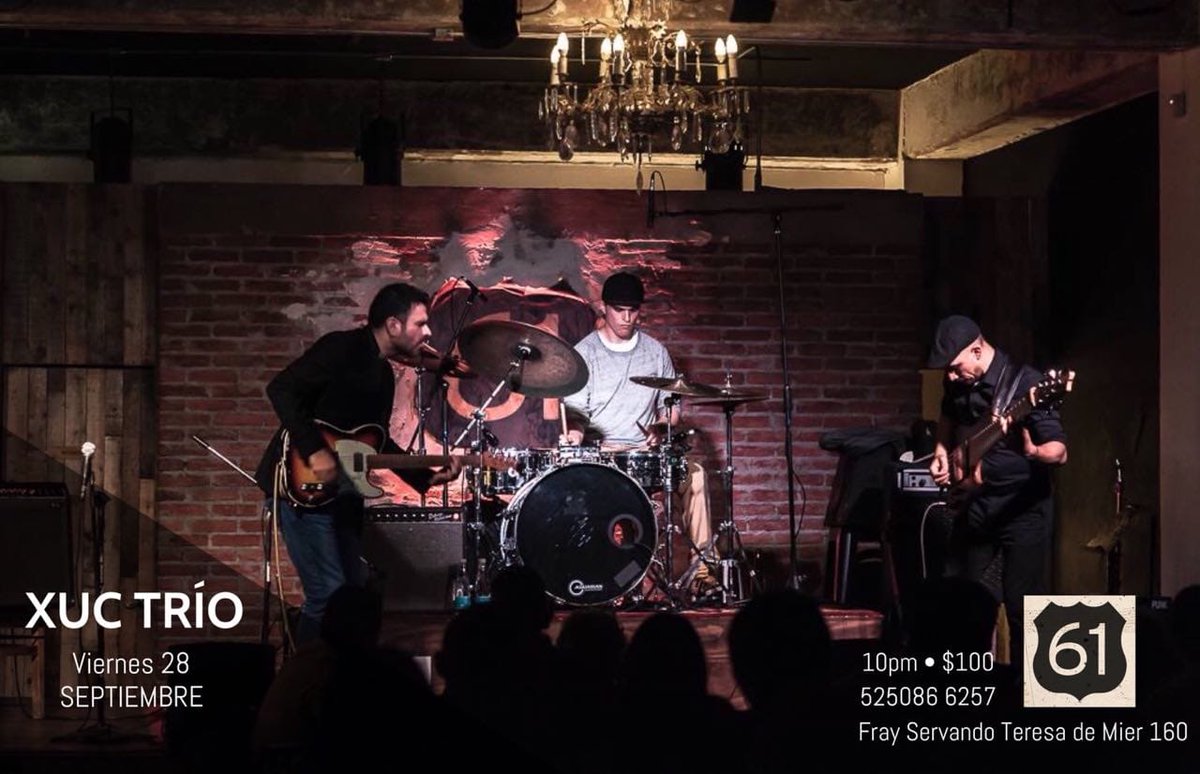 RUTA61CDMx's tweet photo. Esta semana #enel61: #XUCTrío con @juanjogomezgtr (guitarra), Miguel Chuck Rodriguez (bajo) y @SERVINJORGE (batería). #músicaconsonrisas #jazz #folk
Septiembre 28, 21 hrs. Entrada: $100 
Reservaciones al 5086 6257 https://t.co/qz1NV39buy