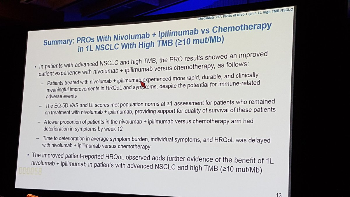 CheckMate 227: advanced NSCLC patients with high tumor burden report better experience with nivolumab + ipilimumab vs. chemotherapy. Watch for my coverage at MDedge.com, oncologypractice.com.  #WCLC2018