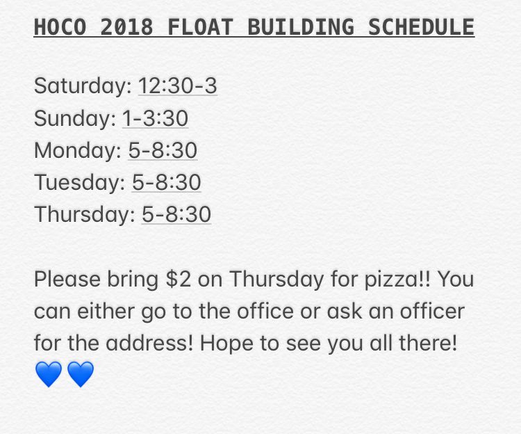 splitterclass19's tweet image. Hey Seniors!! Here is the float building schedule! This year our float theme is Hawaii! We are going for a 4peat! Hope to see you all there!💙💙