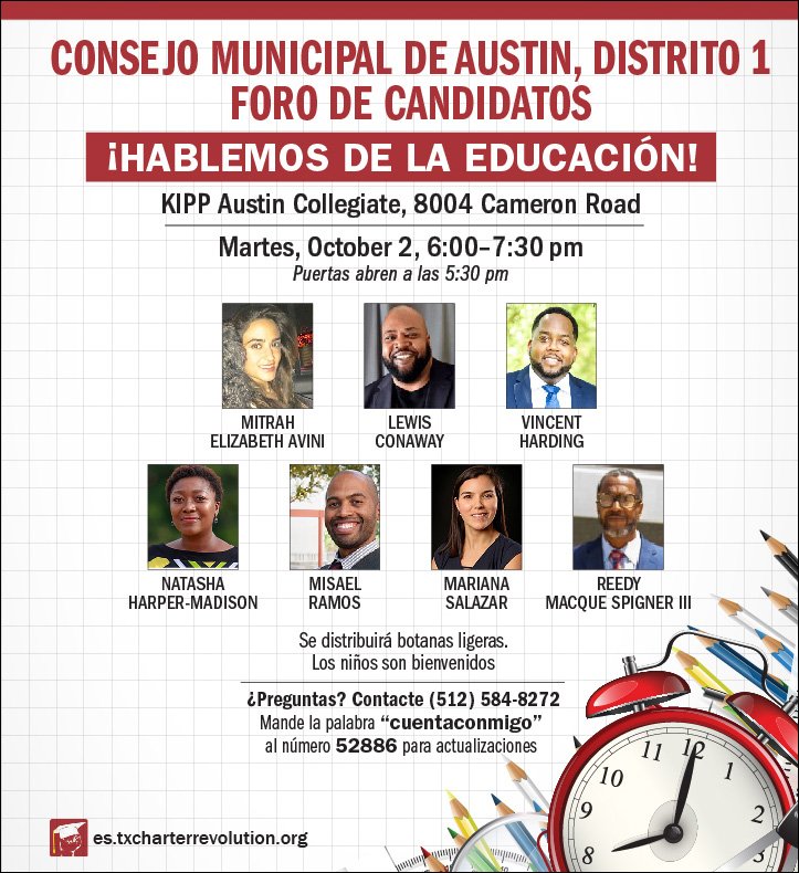 Join us on Tuesday Oct. 2 to hear directly from the candidates running for Austin City Council District 1! This is an opportunity you cannot miss! RSVP here: bit.ly/2OFKMOL #TXCharters