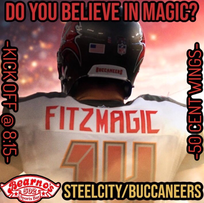 Bearnos502's tweet photo. Do you believe in MaGic? Join us tonight as STEELCITY takes on the Tampa Bay Buccaneers in hopes to STOP FITZPATRICK once and for all!You don’t wanna miss this.. IT’s MONDAY NIGHT FOOTBALL, @ Bearno’s 502!! #Steelers #Tampa #Bearnos502Louisville #NotYourPaPasPizza👴🏼❌🍕 https://t.co/XMTJCh5VGD