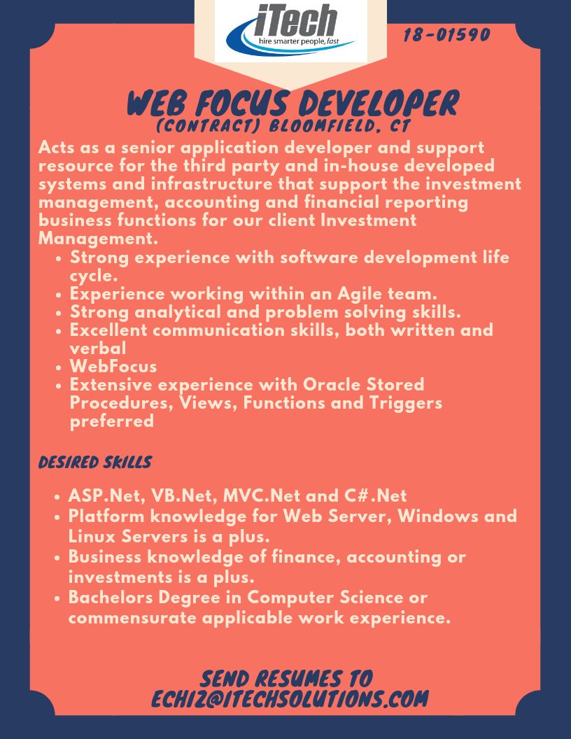 iTechSolutions_'s tweet image. We have an opening for a Web Focus Developer for a Contract position in Bloomfield, CT. #WebFocusDeveloper #WebFocus #WebDeveloper #Developer #ITjobs #HotJobs
buff.ly/2DsvGex
