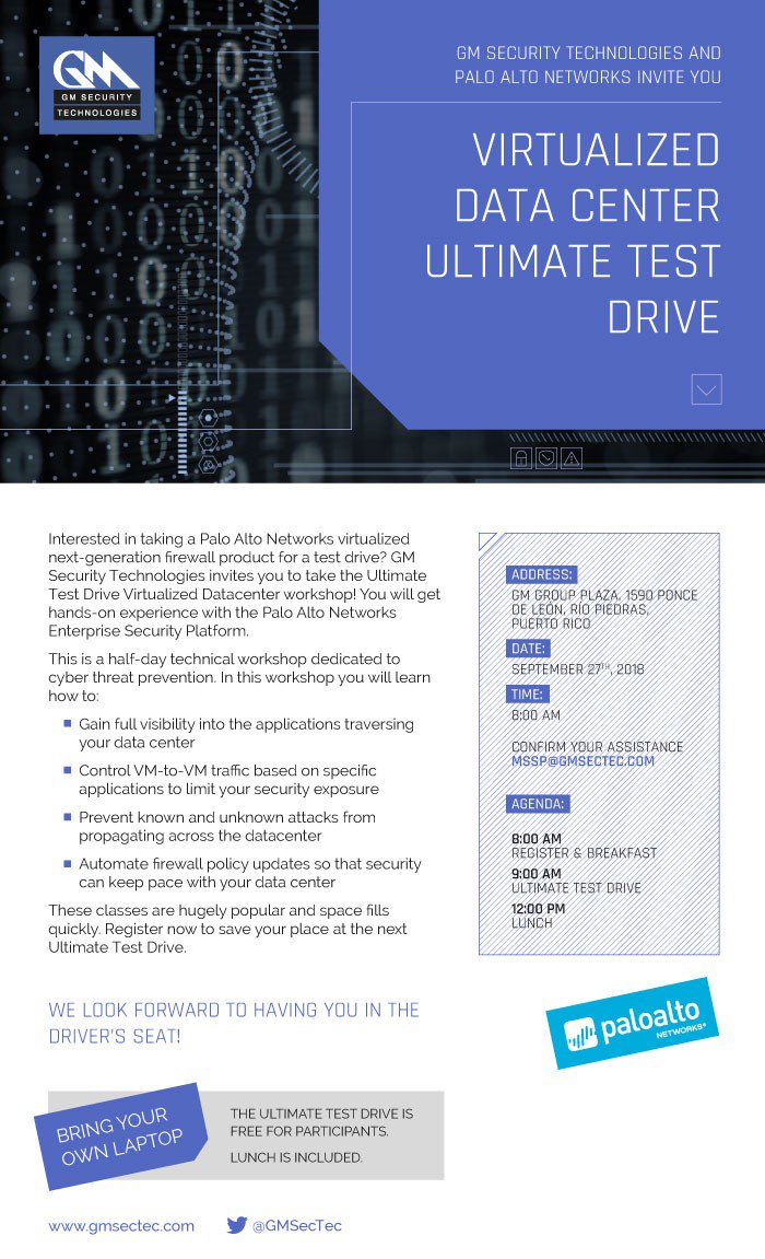gmsectec's tweet image. @gmsectec  invites you to take the Ultimate Test Drive Virtualized #Datacenter workshop! with @PaloAltoNtwks Enterprise Security Platform.  September 27th, 2018 #gmstinform2018