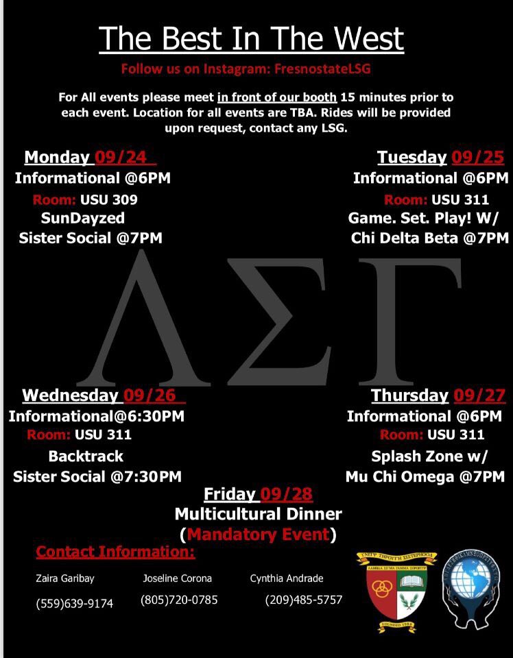 fresnostatelsg's tweet image. Unity Through Sisterhood Beauty Through Diversity🌹✨
Stop by our table this week in front of the USU from 11am-1pm🐻 &amp;amp;
our first informational today at 6pm USU in room 309 💕following our Sister Social at 7pm🍦🤗
#RushΛΣΓ #FresnoState #DeltaChapter #IPSE #TheBestInTheWest