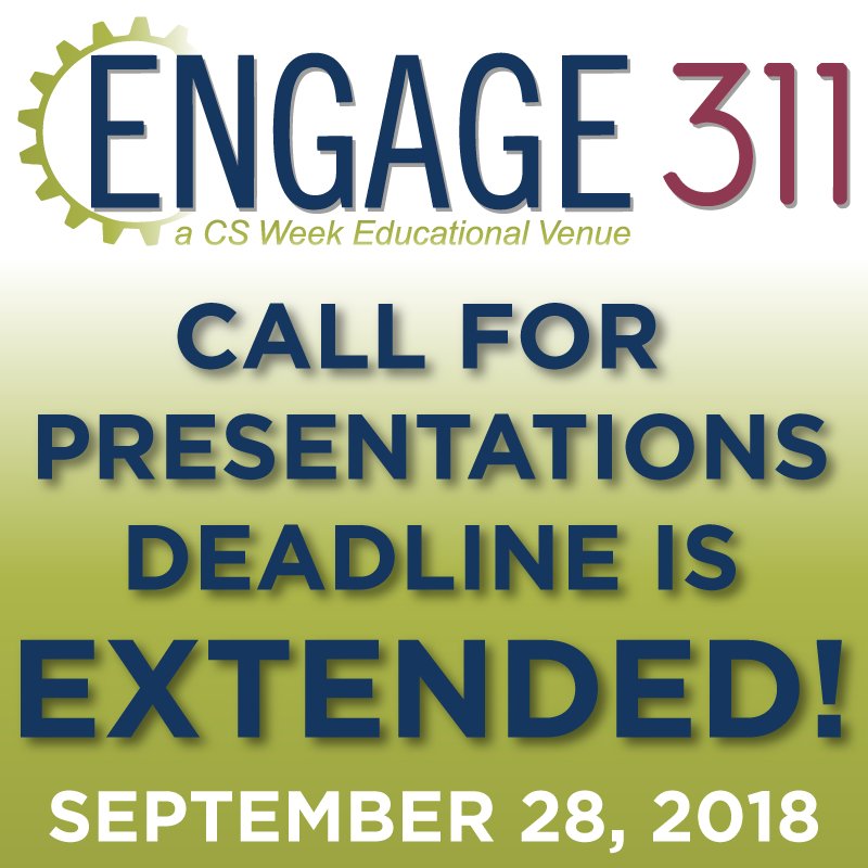 engage311's tweet image. HAPPY MONDAY! ENGAGE311 is extending the Call for Presentations deadline to September 28! Make sure to send yours in to ow.ly/HnPm30lX2uw