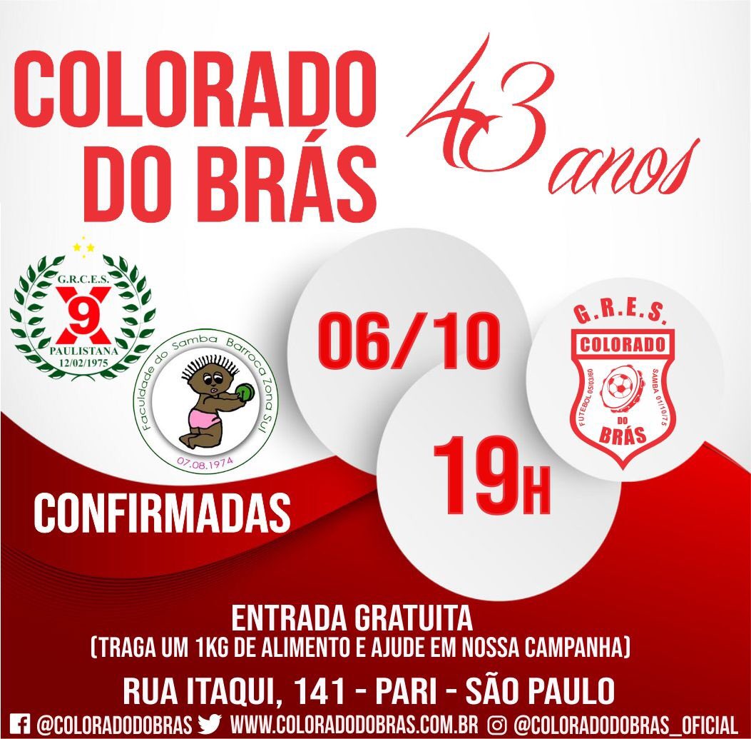 Alô família comunidade!
Dia 06/10 às 19h 
Reserve essa data, traga a família e amigos.
Atrações: X9 Paulistana e Barroca Zona Sul.

Traga a família e amigos!
Entrada Gratuita 
(Traga 1kg de alimento e ajude em nossa campanha)

#HakunaMatata #ColoradoDoBras #43AnosDeHistoria