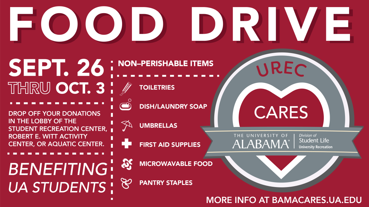 UARecreation's tweet photo. A 2016 study reported 48% of college students had experienced food insecurity in the previous 30 days. This is why we are partnering with Student Care and Well-Being to collect food for students in need.  Bring your donations to the SRC or Witt Center. No canned goods please. https://t.co/gSXg6YUUnY