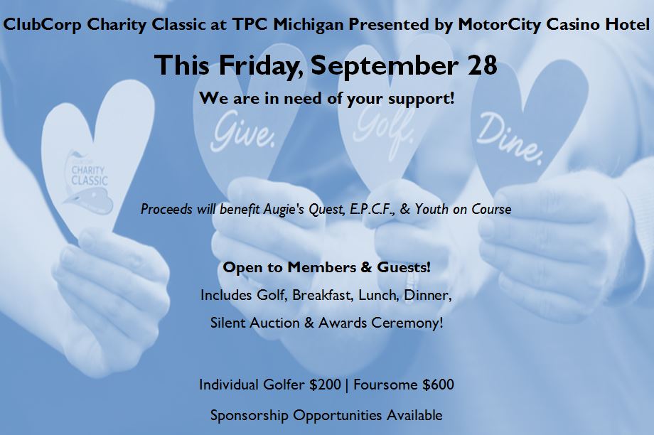 This event is open to ALL!
Members, family and friends!

The ClubCorp Charity Classic at TPC Michigan Presented by MotorCity Casino Hotel is this Friday, September 28!

Please register today (classic.als.net/tpc18) to join us for this 9am shotgun start! #playtpc #tpcmichigan