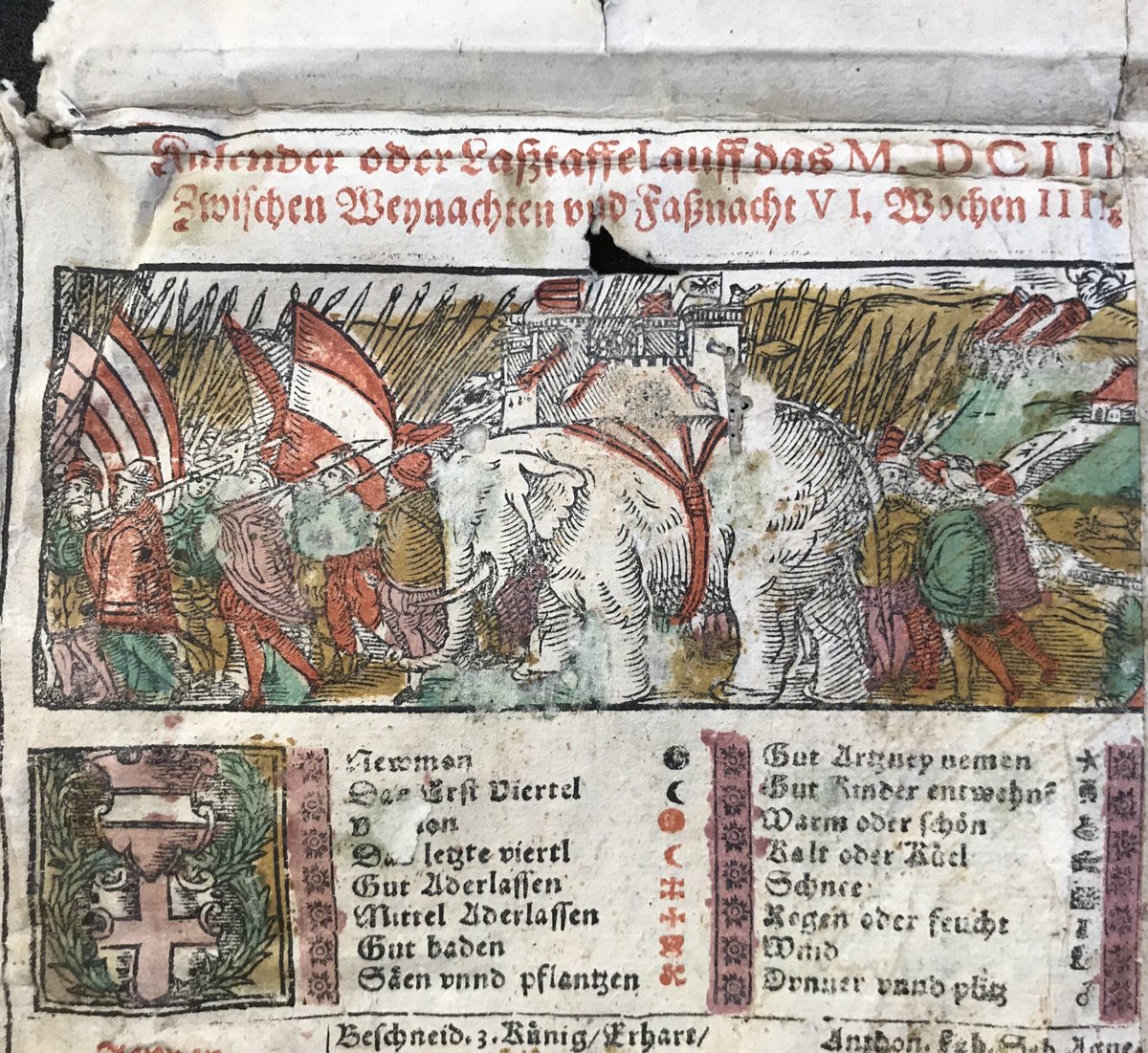 Nice new addition at #osurbml Pair of hand-colored German/Austrian broadside calendars for 1603 pasted as inner lining to a ca. 1400 MS Missal bifolium, together serving as a wrapper for an early-17th century ledger #mssfragments @OSULibrary @osu_cmrs