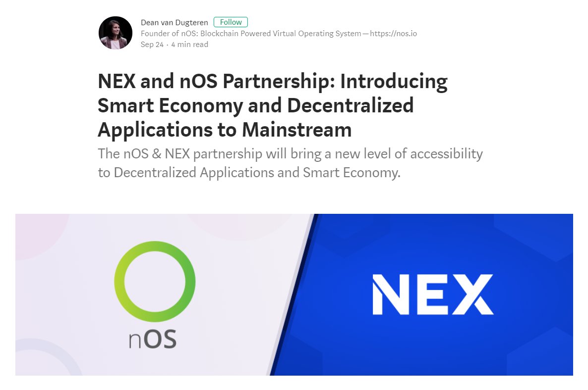 ICODrops's tweet photo. nOS (@nOSplatform) has partnered with NEX (@neonexchange):

NEX will integrate nOS, &amp; nOS client will integrate NEX
NEX &amp; nOS will support each other's APIs
nOS Automatic Token Conversion feature is fully powered by NEX

https://t.co/Kiz4ii7TNS https://t.co/jQF2DziWy4
