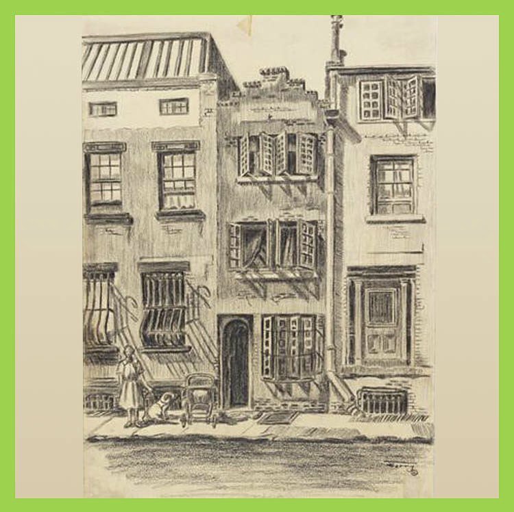 nyclgbtsites's tweet photo. We love this Illustration of open #bisexual poet Edna St. Vincent Millay's house at 72 1/2 Bedford Street! By Josephine Barry, c. 1945 via @MuseumofCityNY #BiVisibility #BiWeek #BiWeek18 #poetry https://t.co/J6XseAB2od https://t.co/mVccmZlWU8