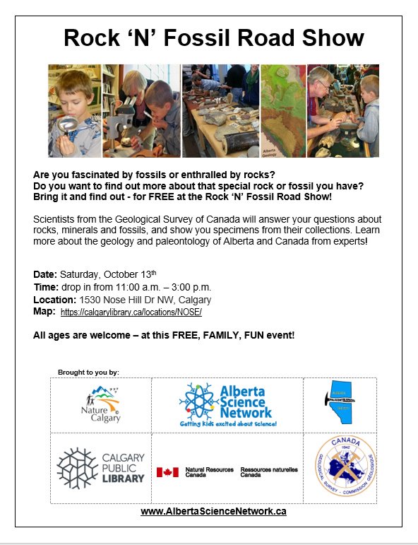 ScienceYYC's tweet photo. Oct 13, 2018: Rock n Fossil Roadshow - @calgarylibrary -Nosehill branch. Enjoy an awesome collection of #rocks, #fossils and have your own pet rocks and favourite fossils identified by experts. In partnership with the Geological Survey of Canada &amp; Alberta Science Network. https://t.co/kHlwJrXaFP