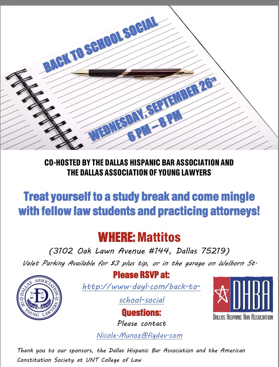 DallasHBA's tweet image. #Lawstudents &amp;amp; #lawyers: This Wed. 9/26 treat yourself to a break and join DHBA &amp;amp; @DAYLtweets at Mattito’s for a back to school social. @DallasBarAssoc @SMULawSchool @TAMULawSchool @untdallaslaw #HLSA #Latinx #Abogados