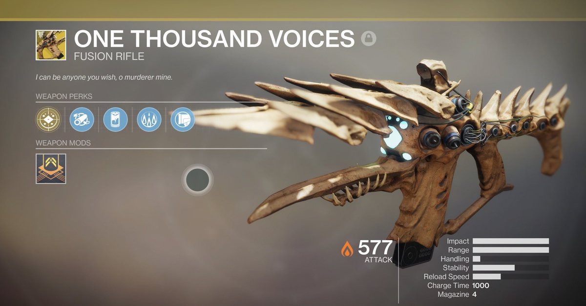 G00FYGR4H4M's tweet photo. Second Last Wish raid completion and I got the One Thousand Voices π #lastwish #lastwishraid #bungie #destiny #destiny2 #destiny2forsaken #onethousandvoices #exotic #rageless https://t.co/hrVj9oSv2e