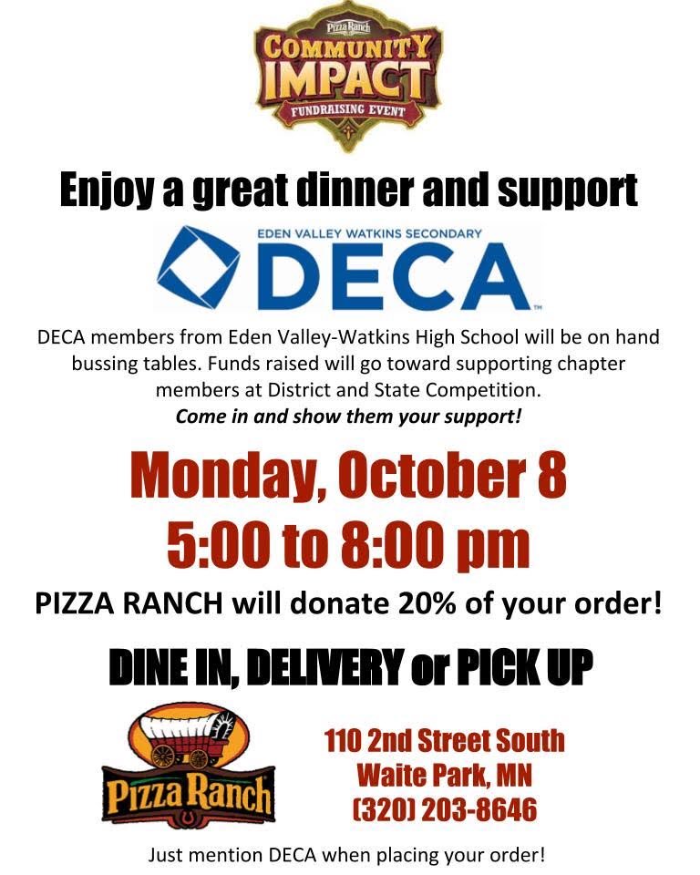 EVWDECA's tweet image. That’s right folks!! EVW DECA is coming back to pizza ranch in Waite Park this year! Make sure to mark your calendars and come support our chapter!
#DECA#Pizzaranch