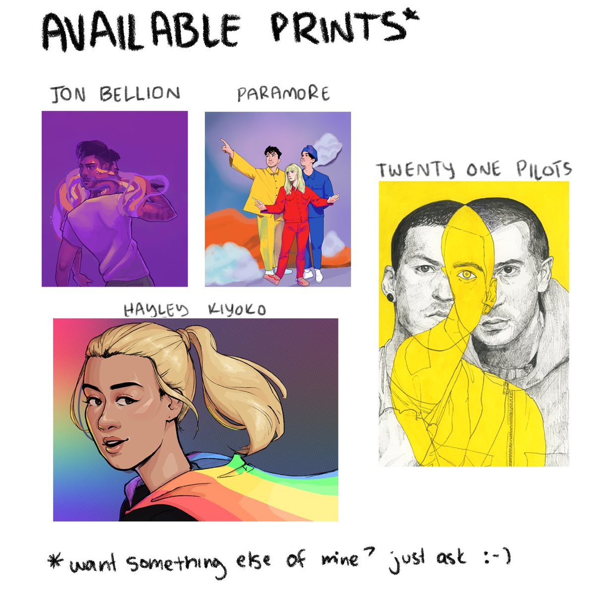 hey guys!! i'm now accepting preorders for prints for the next week!! (w/ worldwide shipping!) payment thru paypal or venmo, DM me if interested :-) #twentyonepilots #jonbellion #paramore #hayleykiyoko 