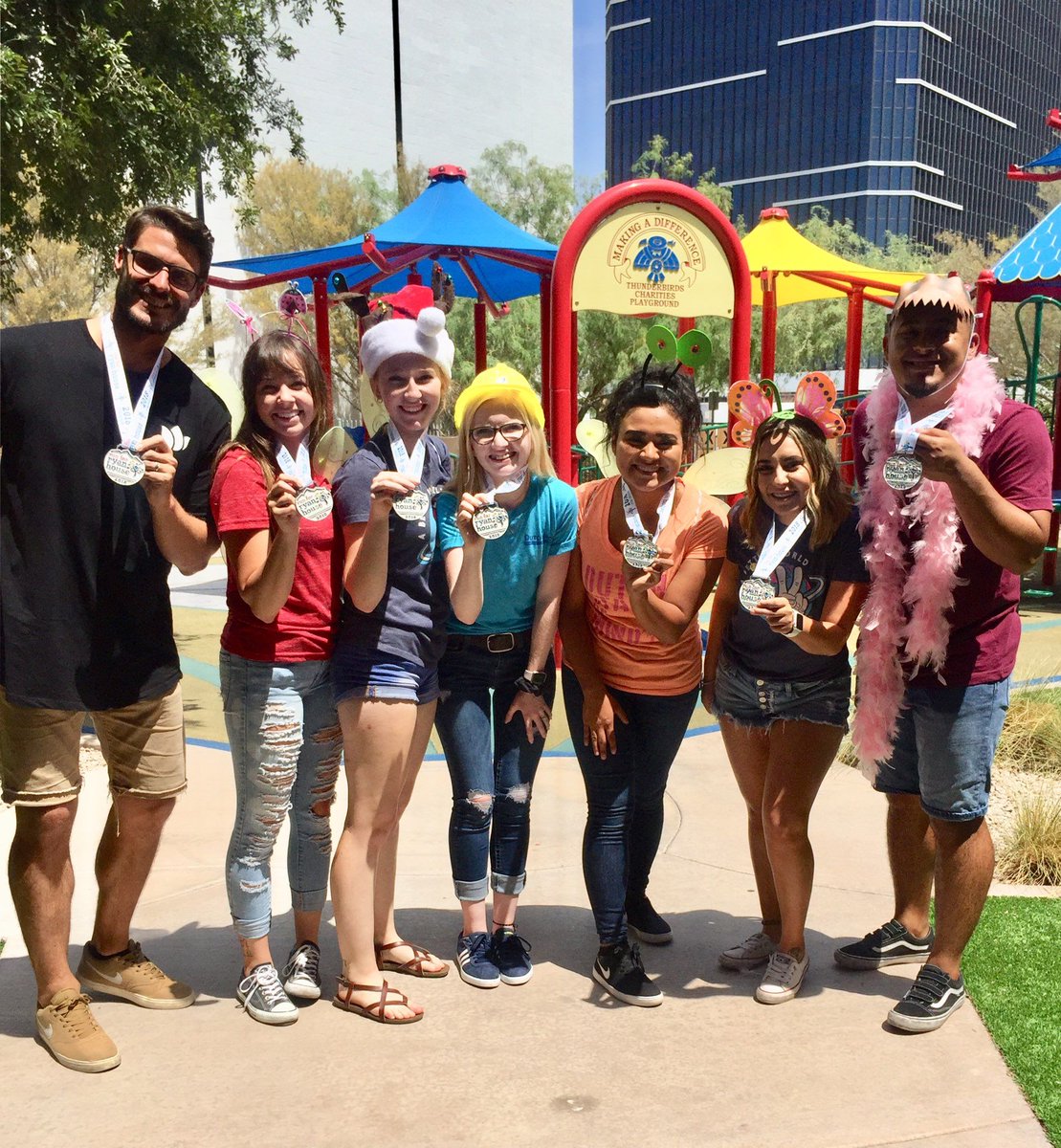 RYANHOUSEorg's tweet photo. #Teamwork (and a fantastic pink feather boa) makes the #dream work! Grab your friends, your family, your coworkers, your neighbors, and #join us Saturday, October 6th at Mesa Riverview Park for the 14th annual #runforryanhouse! Trust us, you don't want to miss this https://t.co/wIYMHy0bpR