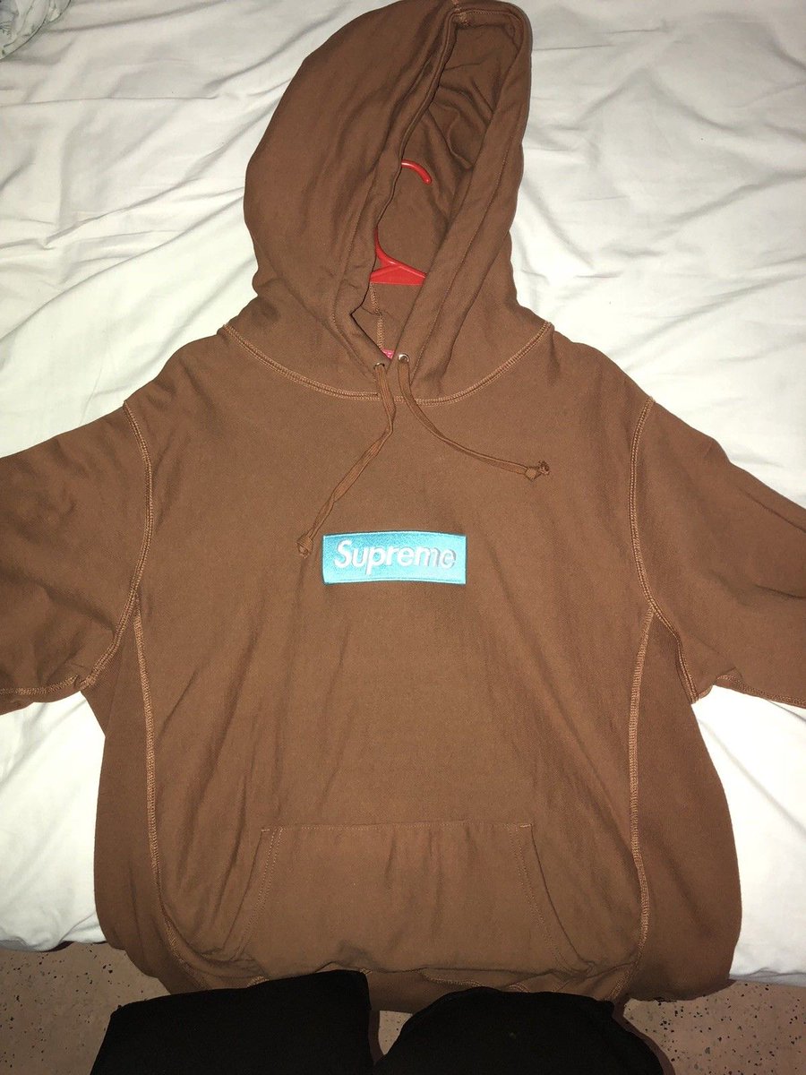 brown and blue supreme hoodie