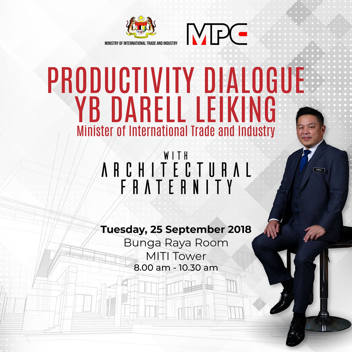 MITIMalaysia's tweet photo. The architectural services is part of the professional services which has been recognised as an important driving force of the services sector.Happening now, #Productivity #Dialogue YB @DarellLeiking with #ArchitecturalFraternity.
#choosemalaysia
#goglobal #mitimatters https://t.co/xbJUb35Do8