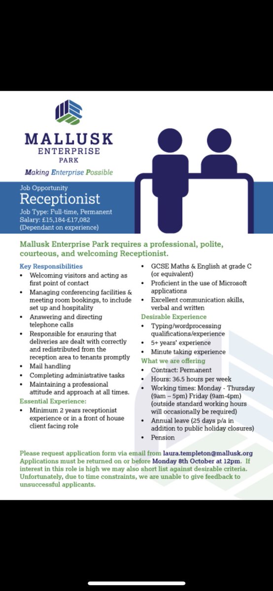 RT @MalluskInfo: We are currently recruiting for a full-time #receptionist vacancy. To request an application pack email Laura.templeton@mallusk.org #JobFairy #EnterpriseAN