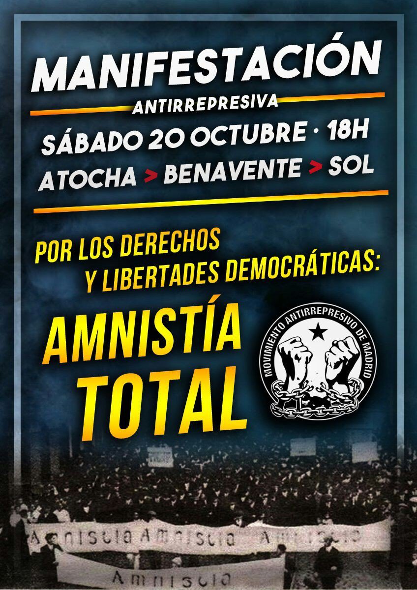 Nos vemos el sábado 20 de octubre en las calles por la amnistía y contra la represión del Estado.