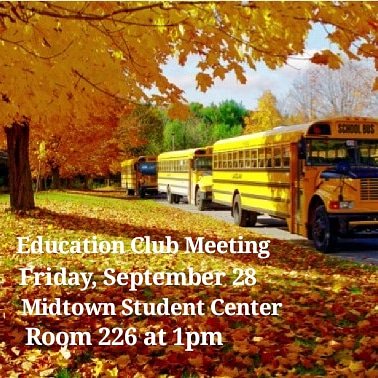 WCSUEdClub's tweet image. Our next meeting is this Friday, September 28 at 1pm in the Midtown Student Center in room 226! Please come with any new ideas you may have for the club this year and if you can't come email us at wcsuedclub@gmail.com for information from the meeting.