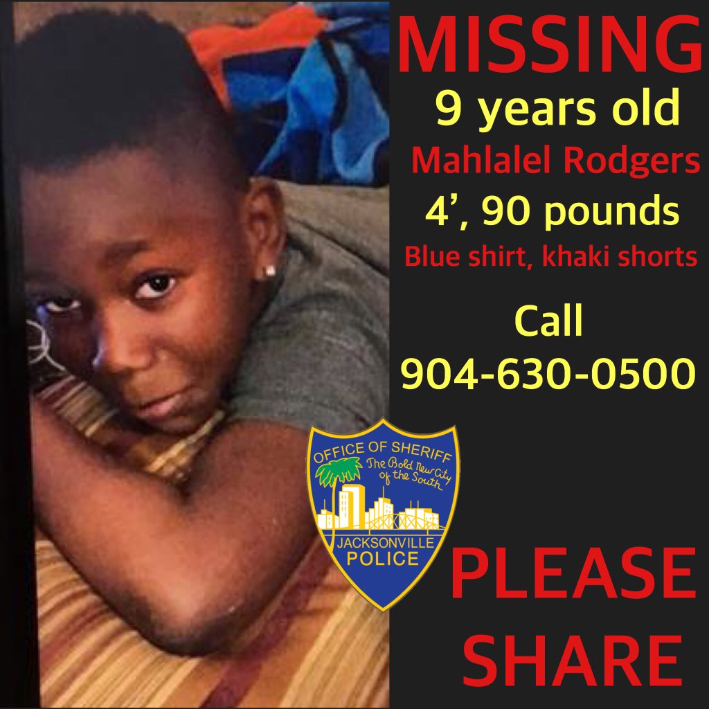 JSOPIO's tweet photo. MISSING 9-year-old child

Mahlalel Rodgers
4 feet, 90 pounds
Blue shirt, khaki shorts

Last seen around 3:30 p.m. in the 9300 block of 103rd Street walking.

PLEASE RT https://t.co/mR4YSM1kTH