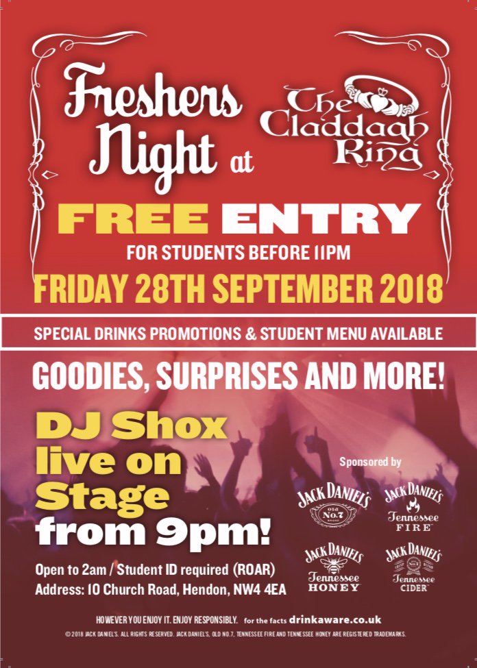 💥💥ATTENTION ALL MDX STUDENTS💥💥 The Claddagh Ring is hosting a Freshers Party on Friday 28th September to welcome you all to the area. A Night of MADNESS in-store. FREE ENTRY before 11pm for all MDX Students. @MiddlesexUni @MiddlesexSU