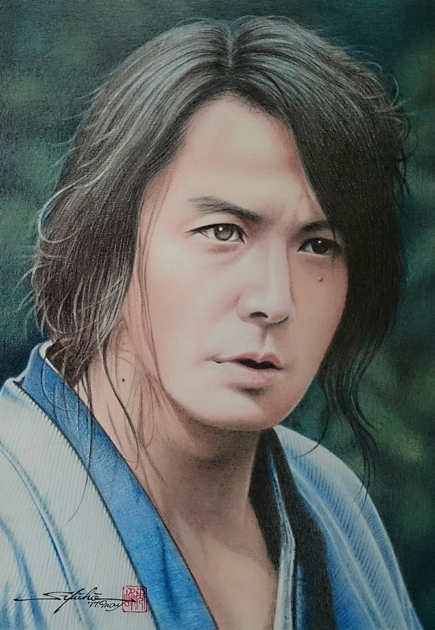 松井秀峰 一日一絵 Twitterissa おはようございます 肖像画制作の為 過去作品をupしております 福山雅治 さん 映画 るろうに剣心 より 17 03 色鉛筆画 イラストボードb4 昨日 るろ剣の健くんをupしましたので今日は清十郎役の福山さんです 皆さん