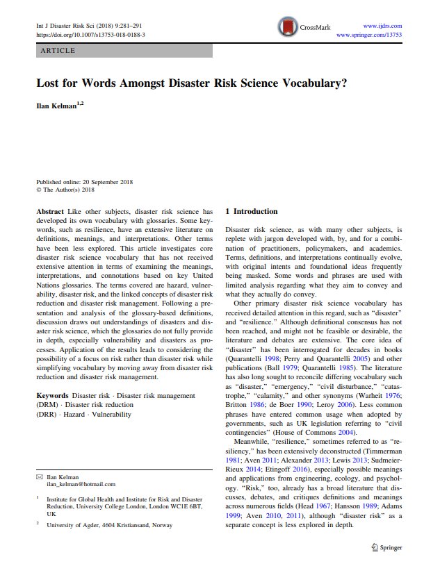 Great contribution by <a href="/IlanKelman/">Ilan Kelman</a> to the DRM/DRR debate. If you are looking for further examinations to clarify meanings and interpretations regarding hazard, vulnerability, DRM, DRR this paper is a must read! Just published and free to download at: rdcu.be/7B3o