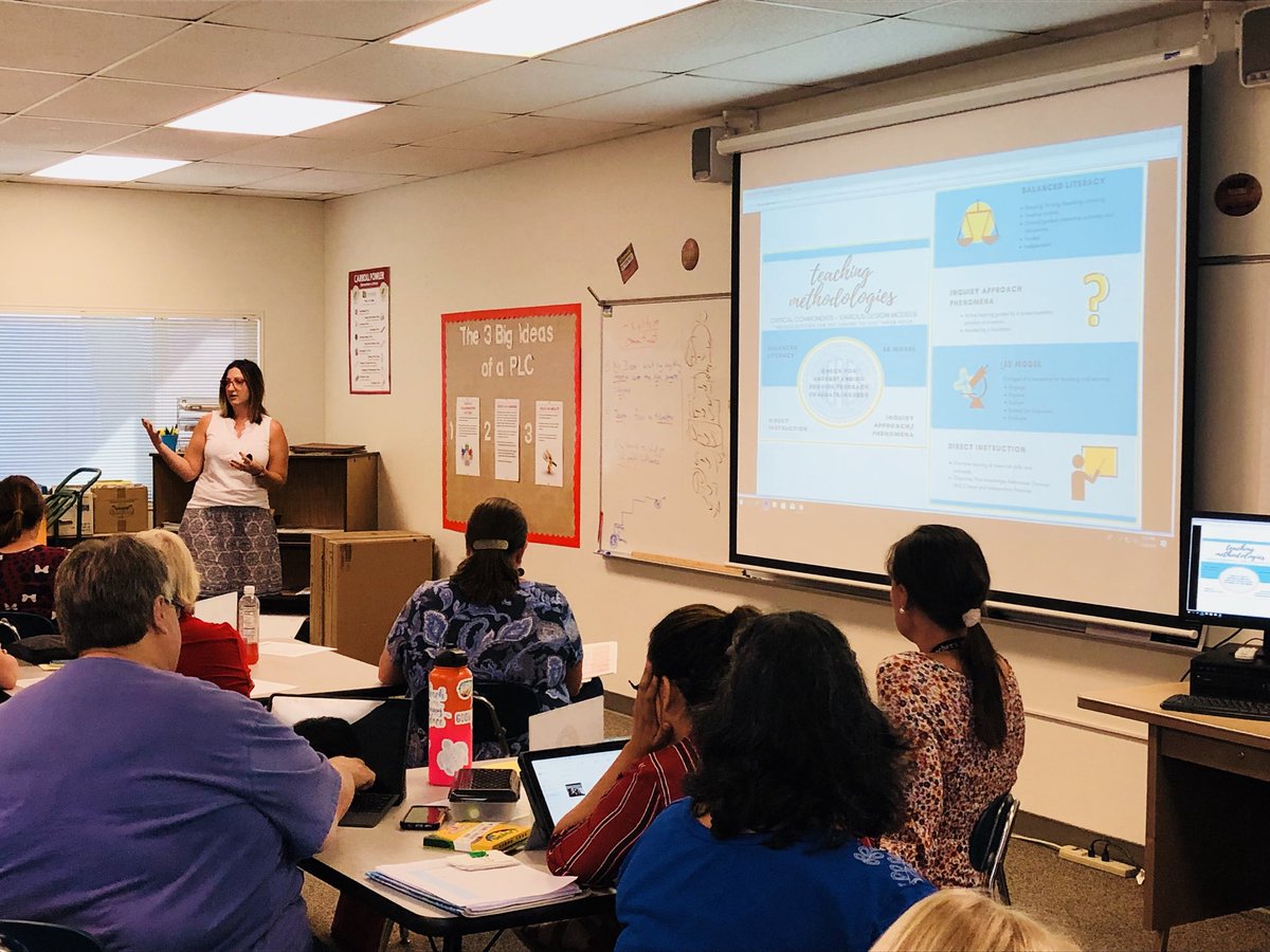 CF_EaglesNest's tweet photo. Sarah Nelson, our math coach, explaining the 5E model at our staff meeting today 🤓📚#mathmatters https://t.co/m7BqFVv1ua