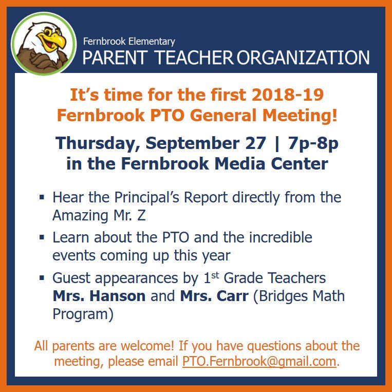 PTOFernbrook's tweet photo. Hey! Come see us and join the Flyer Fun at the first general PTO meeting of the school year! https://t.co/Cc1yOOKIUj