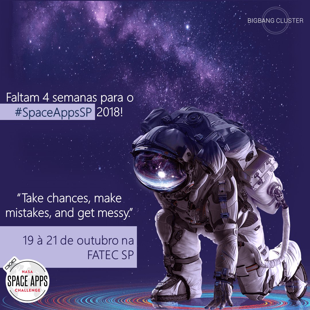 SpaceAppsSP's tweet photo. Hey! 

Você viu que o @SpaceApps já está com suas inscrições abertas? 

Não perca seu tempo e participe do MAIOR HACKATHON DO MUNDO!

O evento vai acontecer de 19 a 21 de outubro e em São Paulo vai ser lá na FATEC SP.

#SpaceAppsSP #SpaceApps https://t.co/vseVUed01h