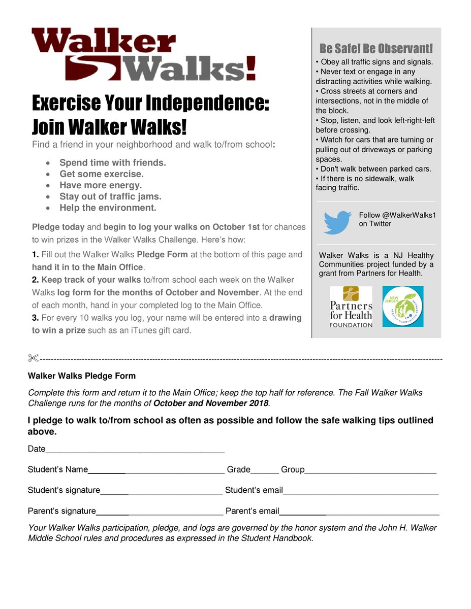 Reminder to pledge Fall 2018 Walker Walks! Exercise your independence by walking to school. Hand in your pledge form today! Kick off is Mon Oct 1. #jhwms