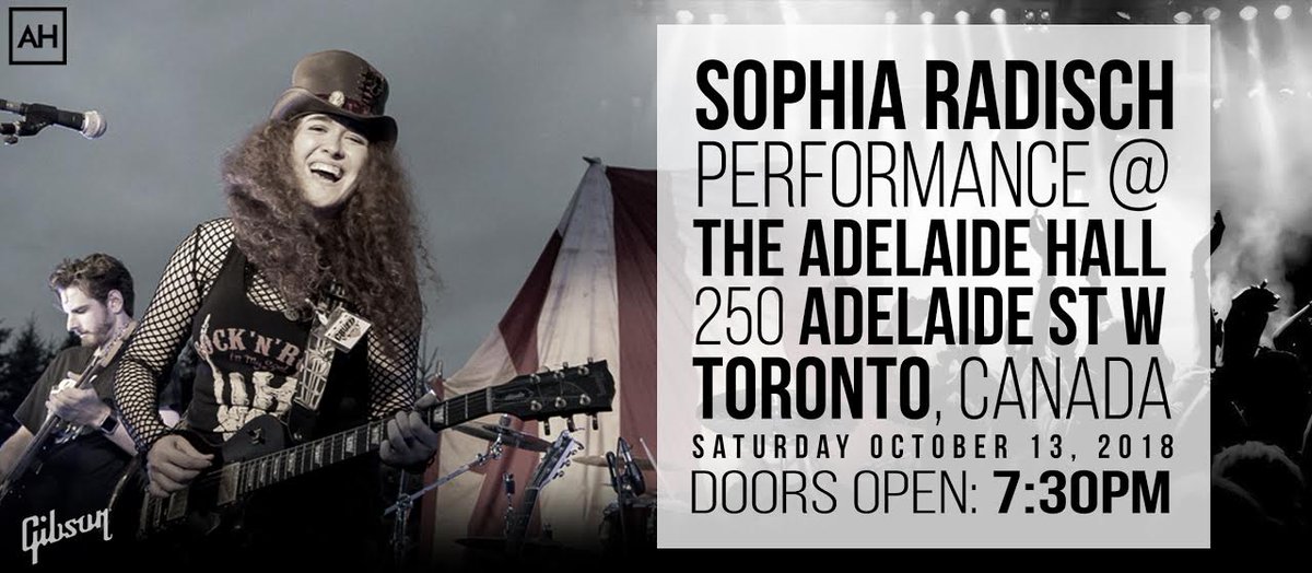 sophiaradisch01's tweet photo. Please come see me and my band kick it @ The Adelaide Hall on Sat, Oct 13th! You don't want to miss this amazing show!!! -Sophia🎩🎸 Rock N Roll love! #theadelaidehall #toronto #music #venue #torontomusic #band #rocknroll #gibson #gibsonartist #ghsartist #ghsstrings #marshallamps https://t.co/HZof9NPTve