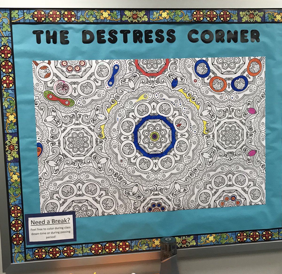 teacher2teacher's tweet photo. In "The Destress Corner," Ss in T @PlatouWorld's school community can spend a few moments coloring to clear their minds! https://t.co/AA7vG4obEu