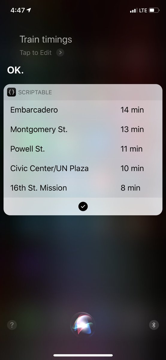 dhruvtv's tweet image. I was talking to my brother about how I need to repeatedly check transit apps to figure out the best station to take my train back home, and he wrote me a spiffy iOS 12 Shortcut using the @SFBART API and #Scriptable. Thanks @nyndpv! cc @simonbs