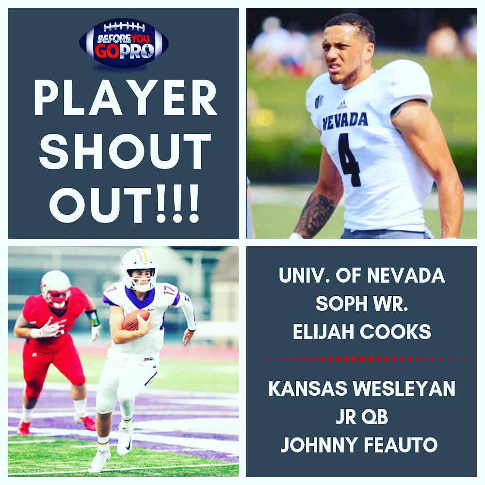 BeforeYouGoPro's tweet photo. There’s nothing like seeing your young ones having success. Shouts out to @elijah_cooks on his first career college TD and @johnnyfeauto17 on the 4-0 start. Keep plugging away Superstars. We are all proud of you! #nevadawolfpack #kansaswesleyan #BYGP #BYGPFamily #NCAA #NAIA https://t.co/jgbOzoXdXf