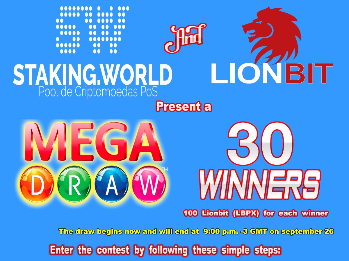 🥁🎉🤑  MEGA DRAW  🤑🥁🎉

👉 Follow <a href="/StakingWorld/">StakingWorld</a> &amp; @LionbitExchange
👉 RT &amp; tag a friend
👉 Reg staking.world
👉 join Discord: discordapp.com/invite/tQnMRbb &amp; discord.gg/rcjBTyB
👉 join t.me/joinchat/EM9sw…
👉 join t.me/StakingWorldBR and enter /participar.@