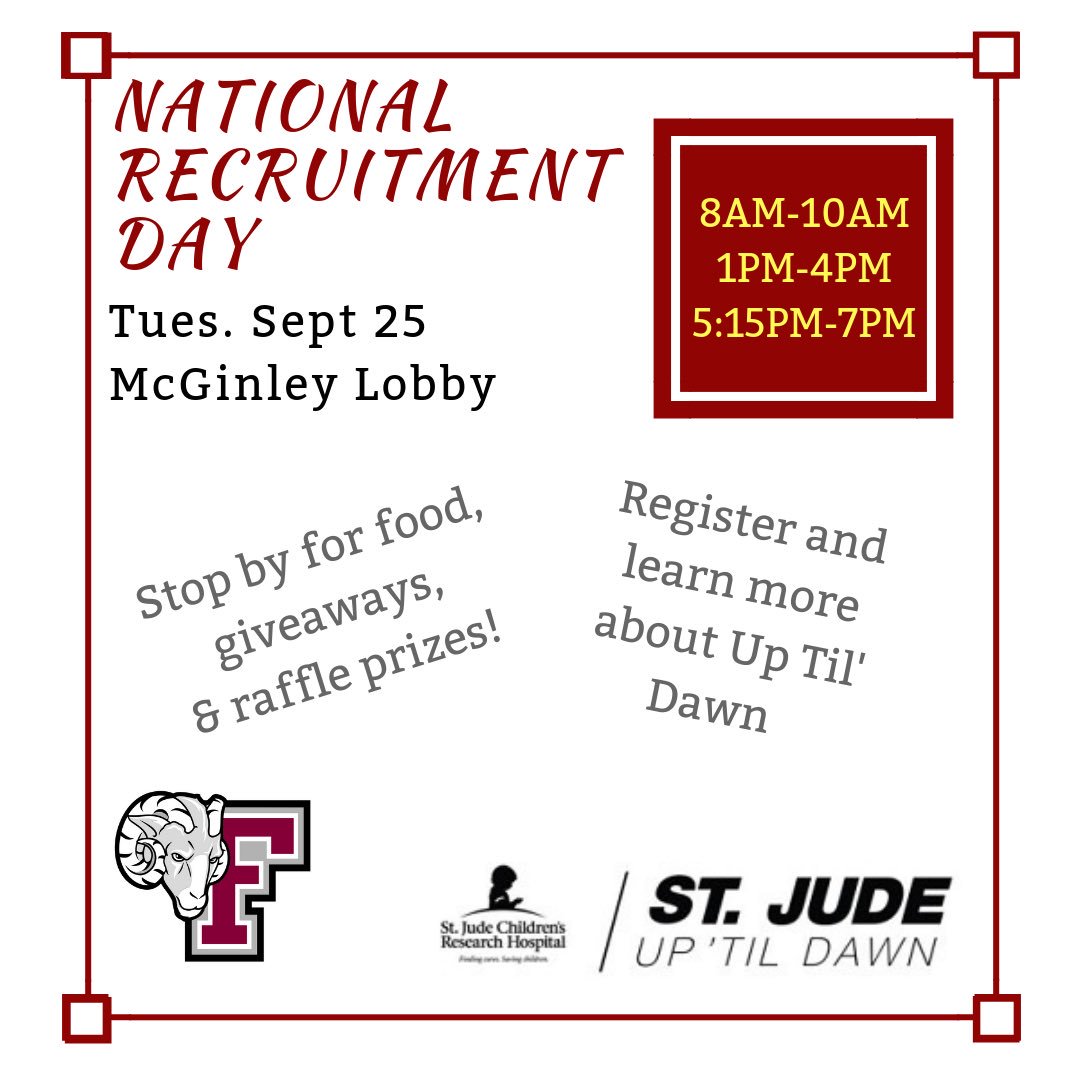 UTDFordham's tweet image. Stop by our table in the Mcginley lobby tomorrow! Register and get free food, St.Jude’s giveaways, and be entered to win awesome prizes. Learn more about the cause and how you can get involved. See you there! #StJude #UpTilDawn #Fordham