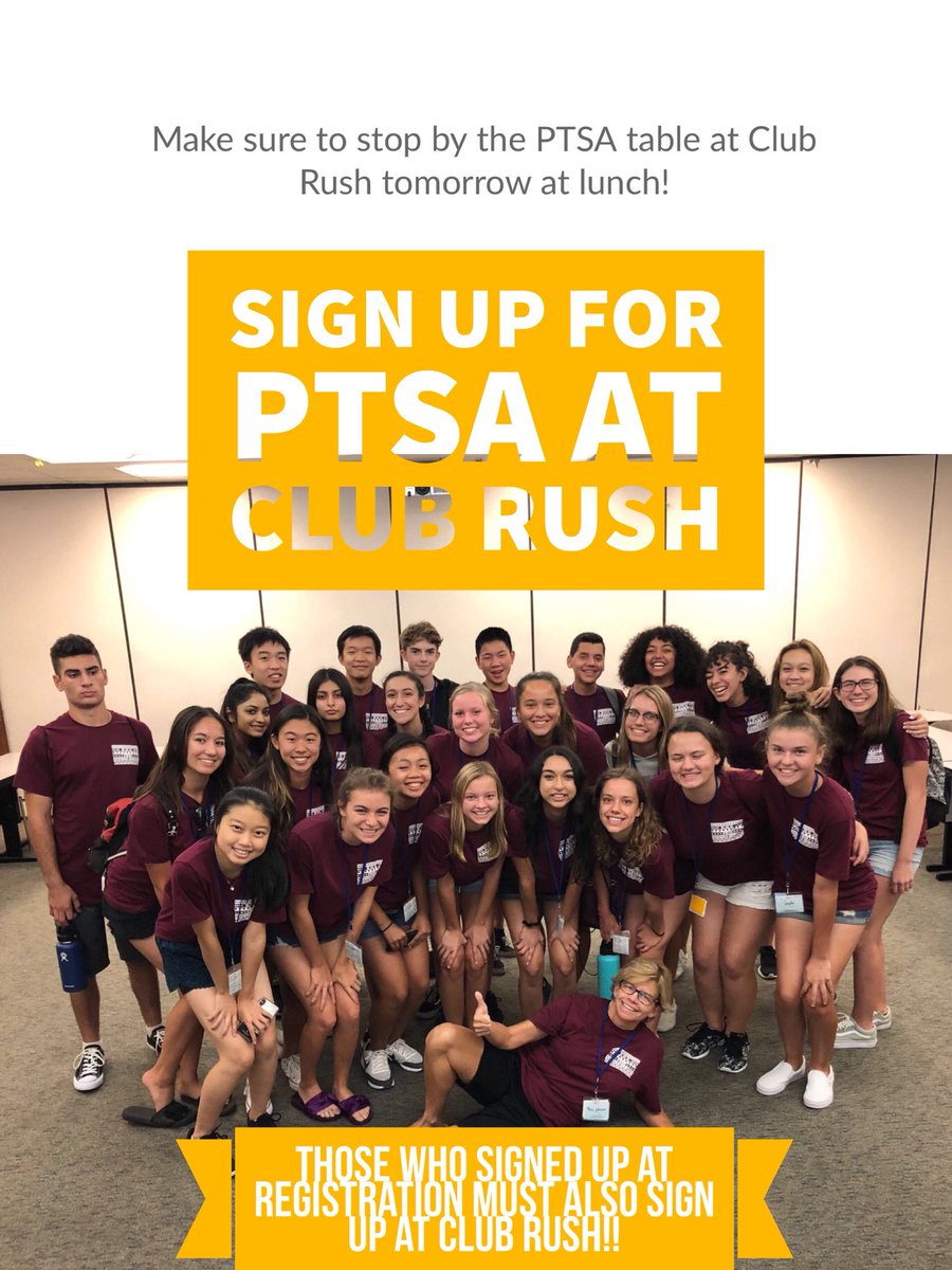 Aztecs! Make sure to sign up for PTSA at club rush tomorrow! Club Rush is at lunch in the quad from Mon-Thurs! Be sure to stop by the table! Also if you signed up for PTSA at registration, you will need to sign up as club rush as well! #ptsyay