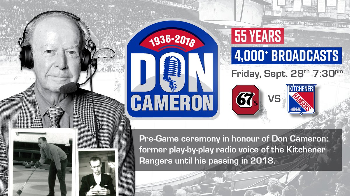 OHLRangers's tweet image. #ICYMI Friday pregame we will honour Don Cameron: Former play-by-play voice of the #OHLRangers 

Banner raising, helmet decal, video tribute &amp;amp; a keepsake featuring Don will be placed on seats.

#OHLRangers vs @ottawa67s / 7:30pm

👉kitchenerrangers.com/article/join-u…