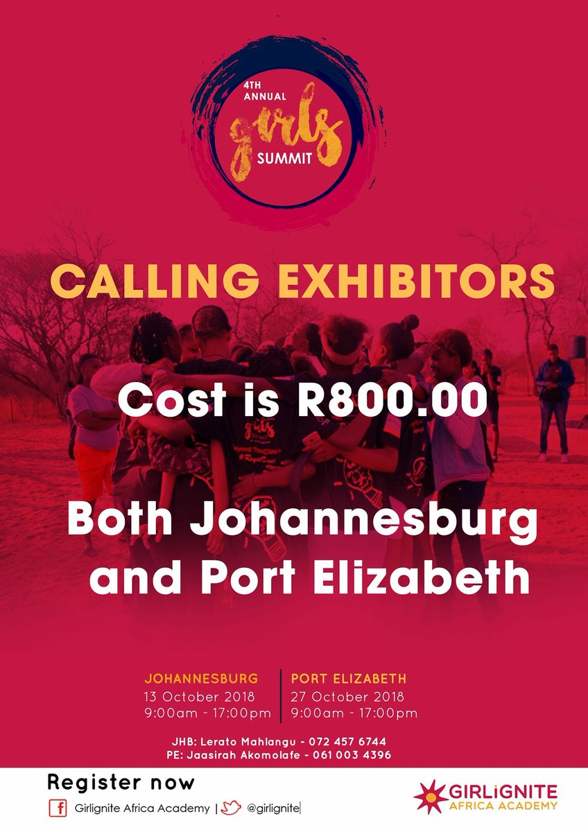 lirajazmine's tweet photo. As an add on to our exciting @girlignite Summit,we'd like to give 5x SMME businesses,the opportunity to exhibit and their products and services targeted to adolescent girls and young women,10 - 24 y/o. 
Contact us at info@girlignite.org or lerato@girilignite.org
@LeratoMot_ https://t.co/YhBicoBX2C
