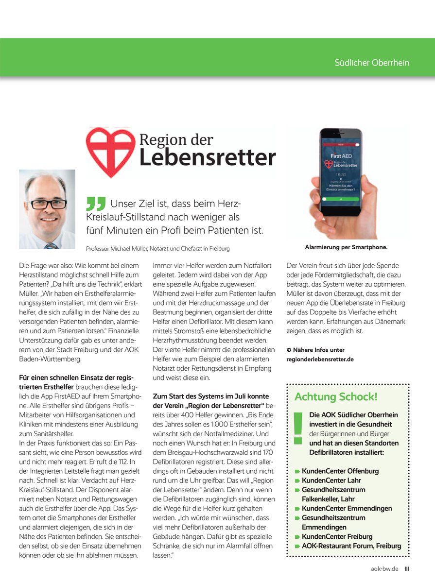 FirstAED's tweet image. Schnelle Hilfe rettet Leben
Herzstillstand. Jetzt zählt jede Sekunde. Im Kampf gegen den plötzlichen Herztod erhöht der Verein
„Region der Lebensretter“ in Freiburg mit einem neuen System die Überlebenschancen deutlich.
#RegionderLebensretter
