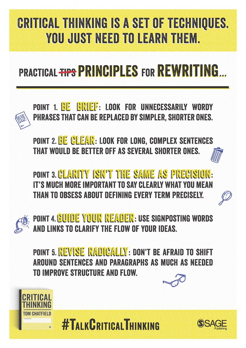 Sage_Methods's tweet image. Here&apos;s a free poster outlining &apos;Practical Principles for rewriting&apos; - to download the poster and others just like it, visit the new and updated #TalkCriticalThinking webpage: ow.ly/r1n030lUG7Z